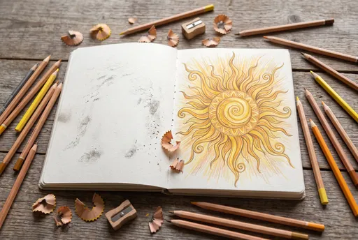 Sketchbook With Colored Pencil Sun Drawing