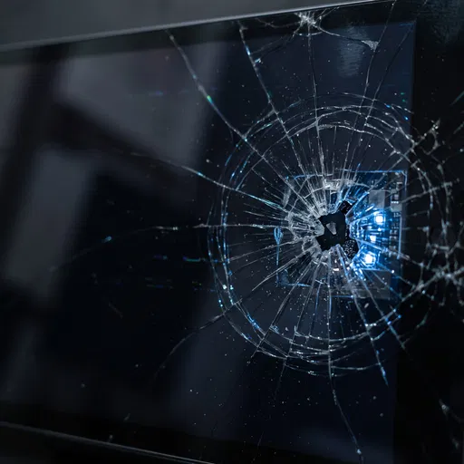Shattered Screen With Glowing Blue Circuits