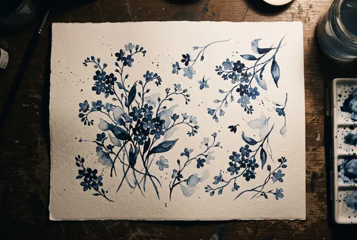 Indigo Watercolor Forget-Me-Not Flowers on Desk