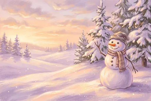 Pastel Snowman in Winter Sunset Landscape