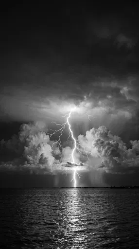 Monochrome Lightning Strike Over Dark Water