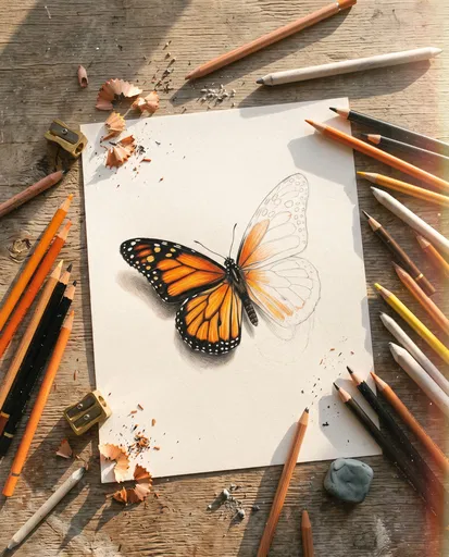 Unfinished Monarch Butterfly Colored Pencil Drawing