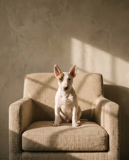 Bull Terrier Puppy on Beige Linen Armchair