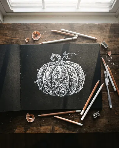 Ornate White Pumpkin Drawing on Black Sketchbook