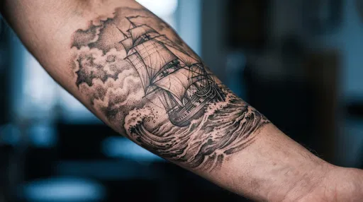Close-Up of Nautical Ship Forearm Tattoo