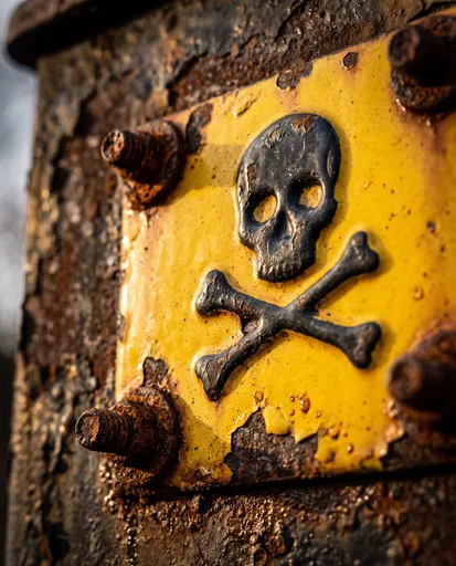 Rusted Yellow Skull Hazard Warning Plate