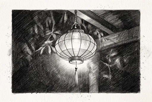 Charcoal Drawing of Glowing Hanging Paper Lantern