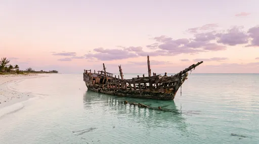Wooden Shipwreck in Calm Pastel Lagoon