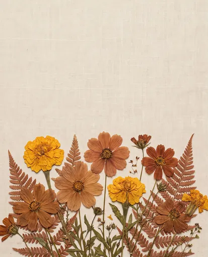 Pressed Autumn Flowers on Linen Background