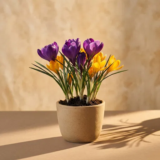 Potted Purple and Yellow Crocuses in Sunlight