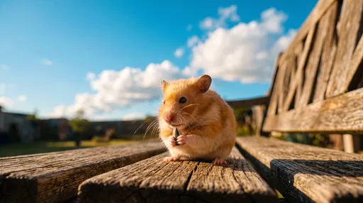 Golden Hamster Holding Seed on Bench