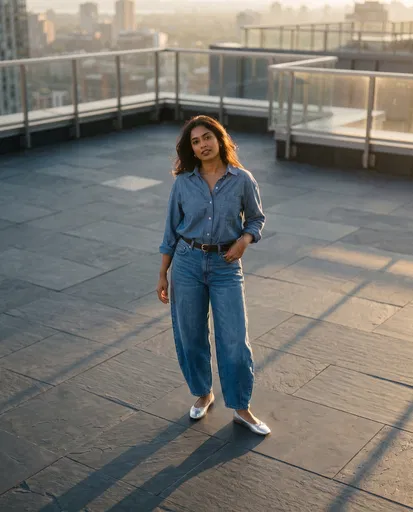 Woman in Barrel Jeans on Rooftop