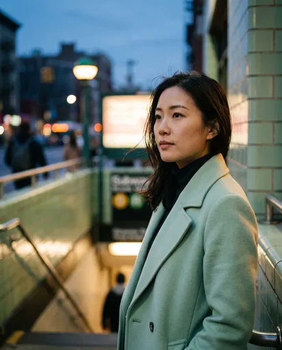Woman in Mint Coat by Subway