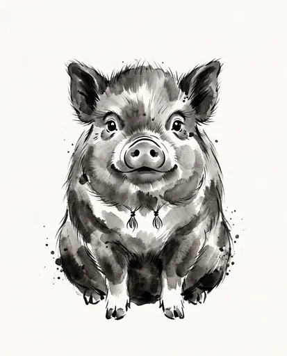 Monochrome Ink Wash Kunekune Piglet Illustration