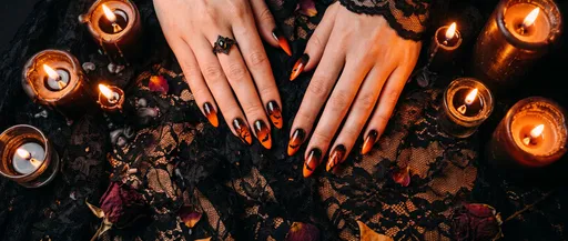 Halloween Ombre Nails With Candles and Lace