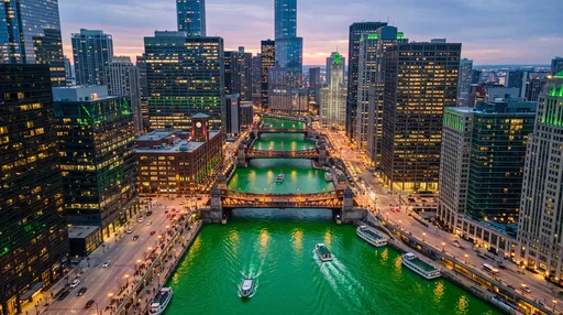 Emerald Green Urban River at Twilight