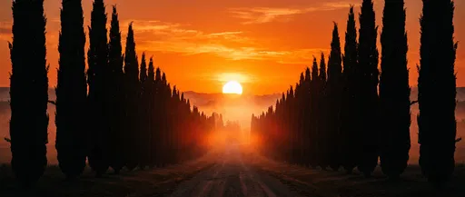 Symmetrical Cypress Avenue at Sunset