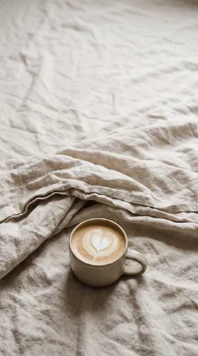 Latte Mug on Rumpled Linen Sheets