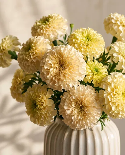 Cream and Pale Yellow Marigolds in Vase