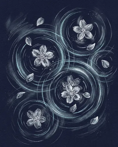 Chalk Cherry Blossoms on Rippling Water