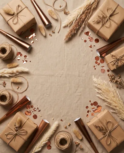 Earthy Kraft Gifts and Bronze Party Flat Lay
