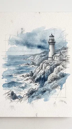 Blue Watercolor and Pencil Lighthouse Sketch