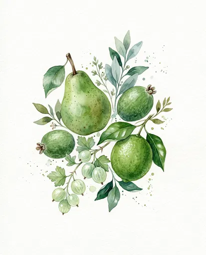 Watercolor Green Fruit Botanical Illustration
