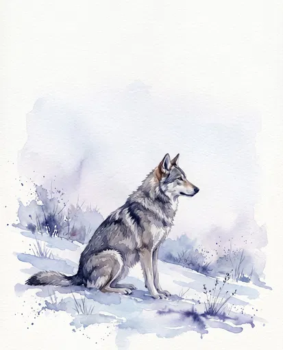 Watercolor Wolfdog Sitting in Snow