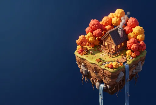 3D Autumn Cabin Floating Island Wallpaper