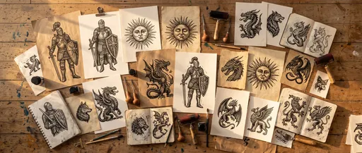Woodcut Tattoo Prints Flat Lay