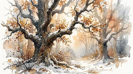 Watercolor Oak Trees in First Snowfall