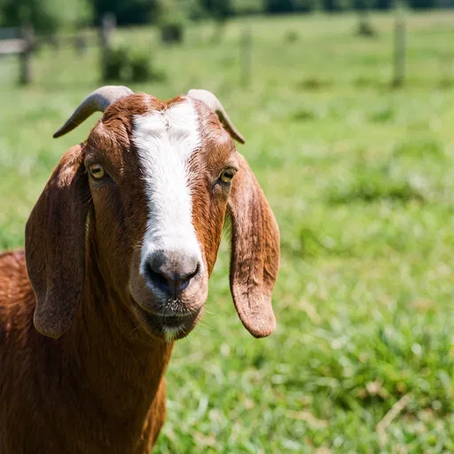 Brown Goat Portrait in Sunny Green Pasture