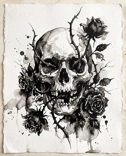 Black Ink Skull and Thorny Roses