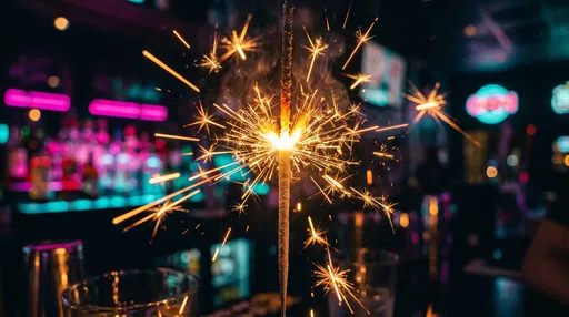 Golden Sparkler Burning in Neon Bar