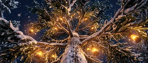 Snowy Spruce Tree With Glowing Lanterns