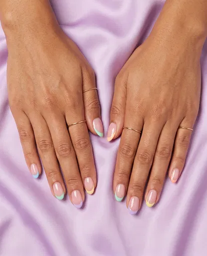Hands With Pastel Rainbow French Tip Nails