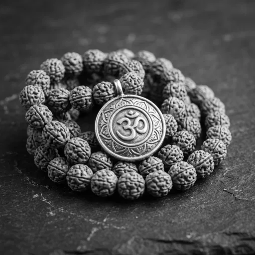 Monochrome Rudraksha Prayer Beads with Om Pendant