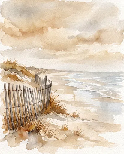 Watercolor Coastal Beach With Dune Fence