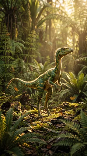 Green Striped Compsognathus in Sunlit Forest