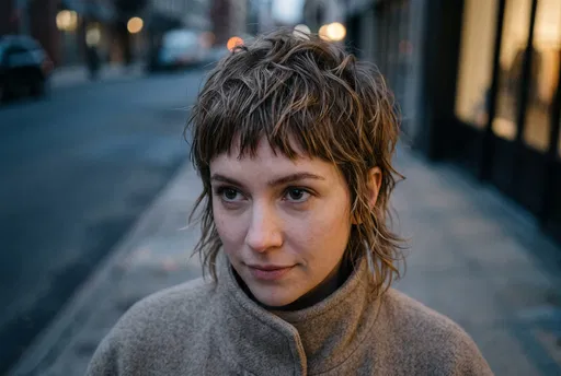 Woman With Shaggy Mixie Haircut at Dusk
