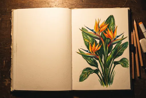 Bird of Paradise Illustration in Open Sketchbook