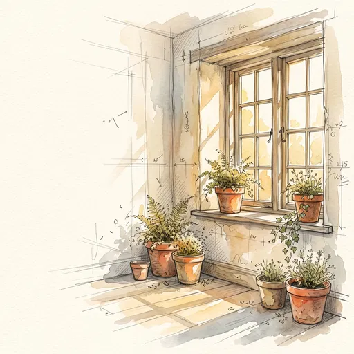 Watercolor Sketch of Sunny Window and Plants