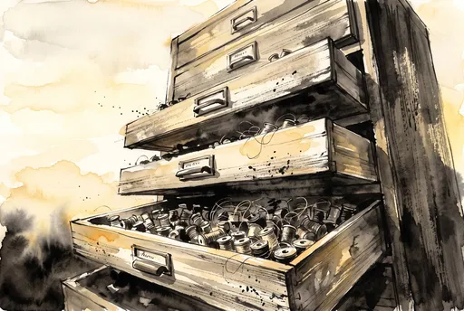 Ink Wash Illustration of Thread Drawers