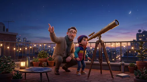 Tutor and Child Stargazing on Rooftop