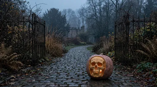 Skull Carved Pumpkin on Misty Path