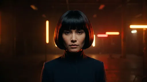 Woman With Black Bob In Neon Studio