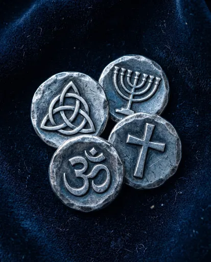 Four Pewter Religious Symbol Tokens on Velvet