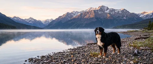 Bernese Mountain Dog by Alpine Lake