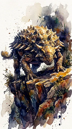 Watercolor Illustration of Ankylosaurus on Rocky Ledge