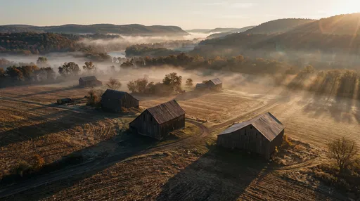 Misty Valley Farm with Barns at Dawn